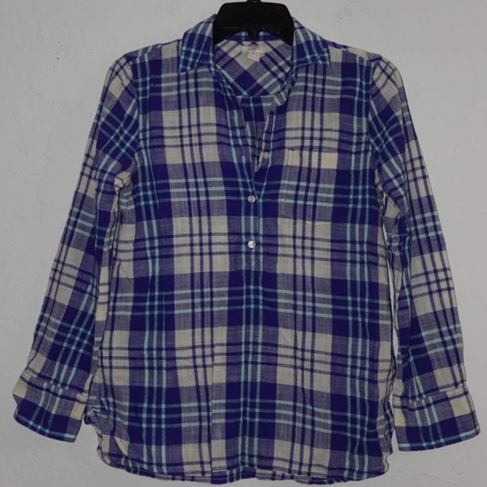 J.Crew Plaid Button-Down Shirt –‎ Size XS Petite, Blue & Aqua Plaid, 100% Cotton